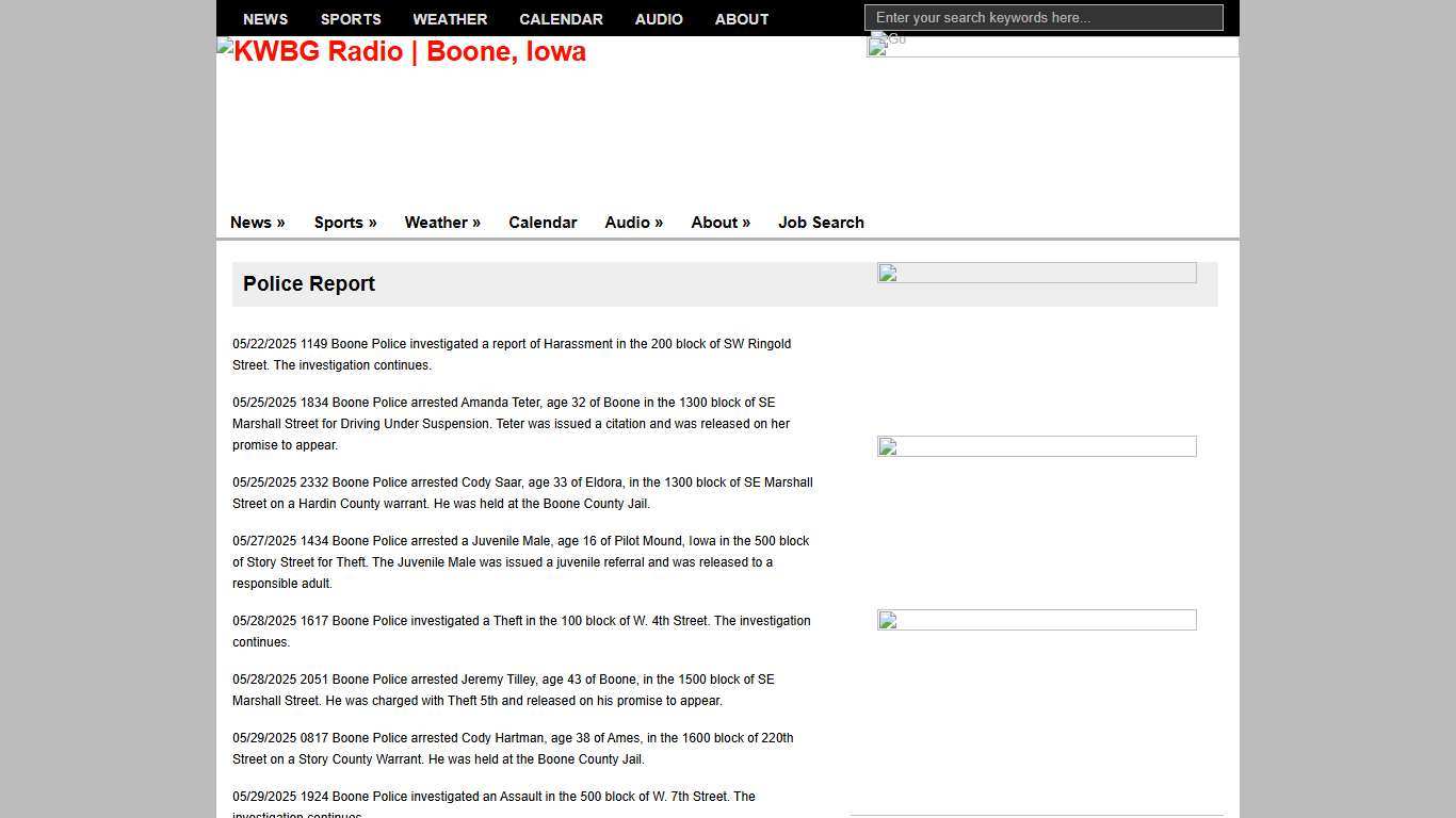 Police Report KWBG Radio Boone, Iowa